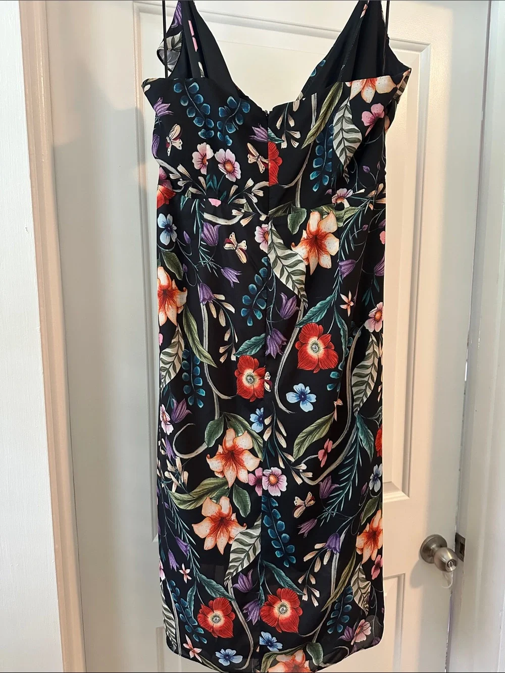 Black Floral Ruffle Midi Dress with Spaghetti Straps